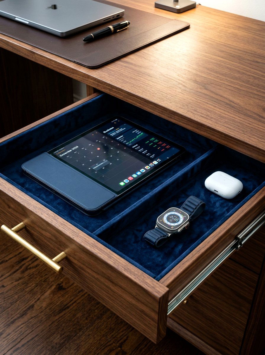 Velvet Lined Tech Drawer - 30 desk drawer organization ideas