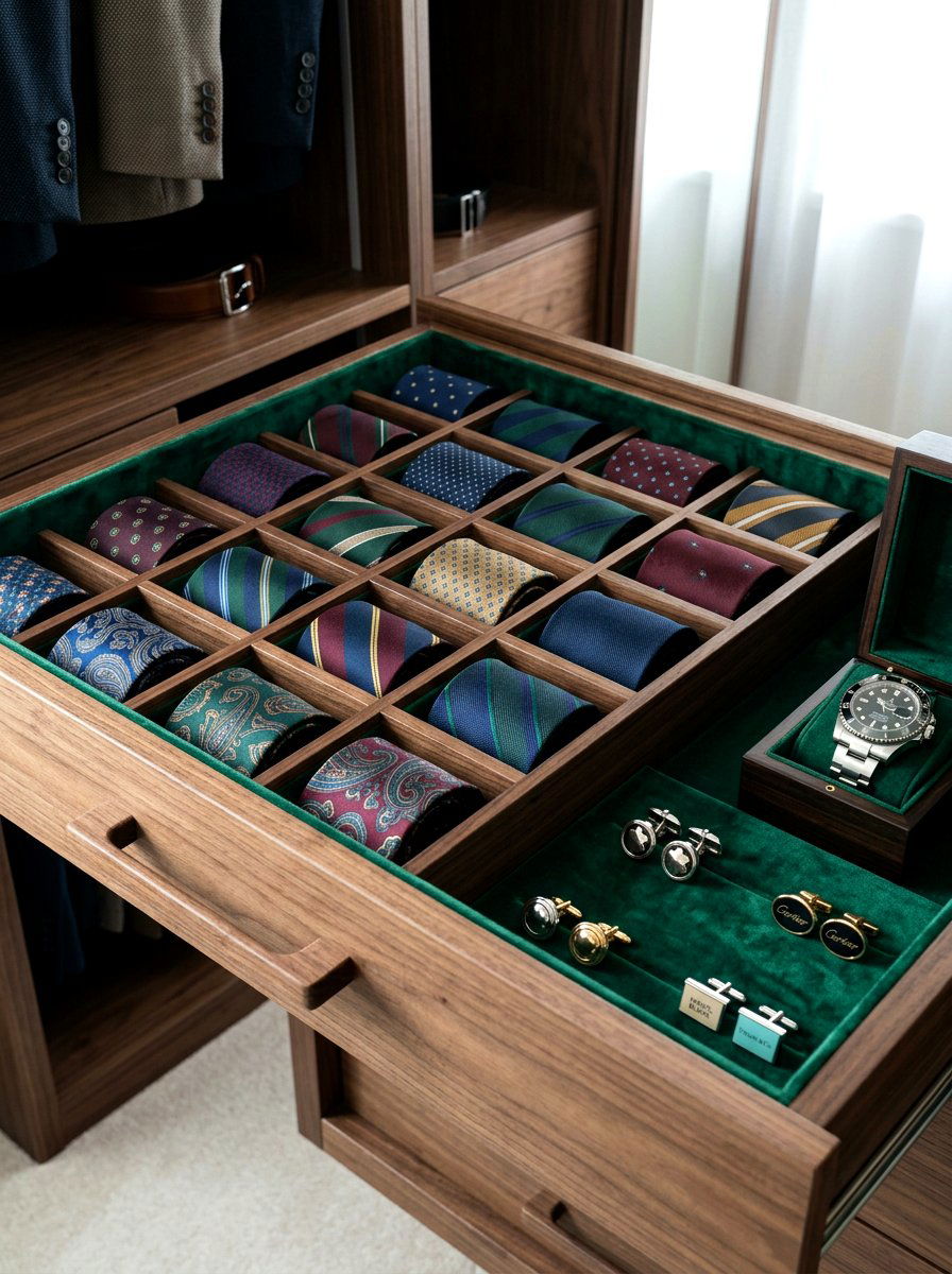 Velvet Lined Tie Drawer - 30 tie storage ideas