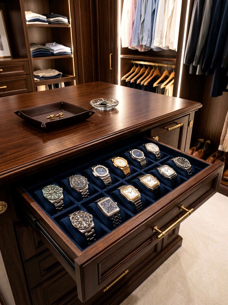 Velvet Lined Watch Drawer - 30 closet island storage ideas