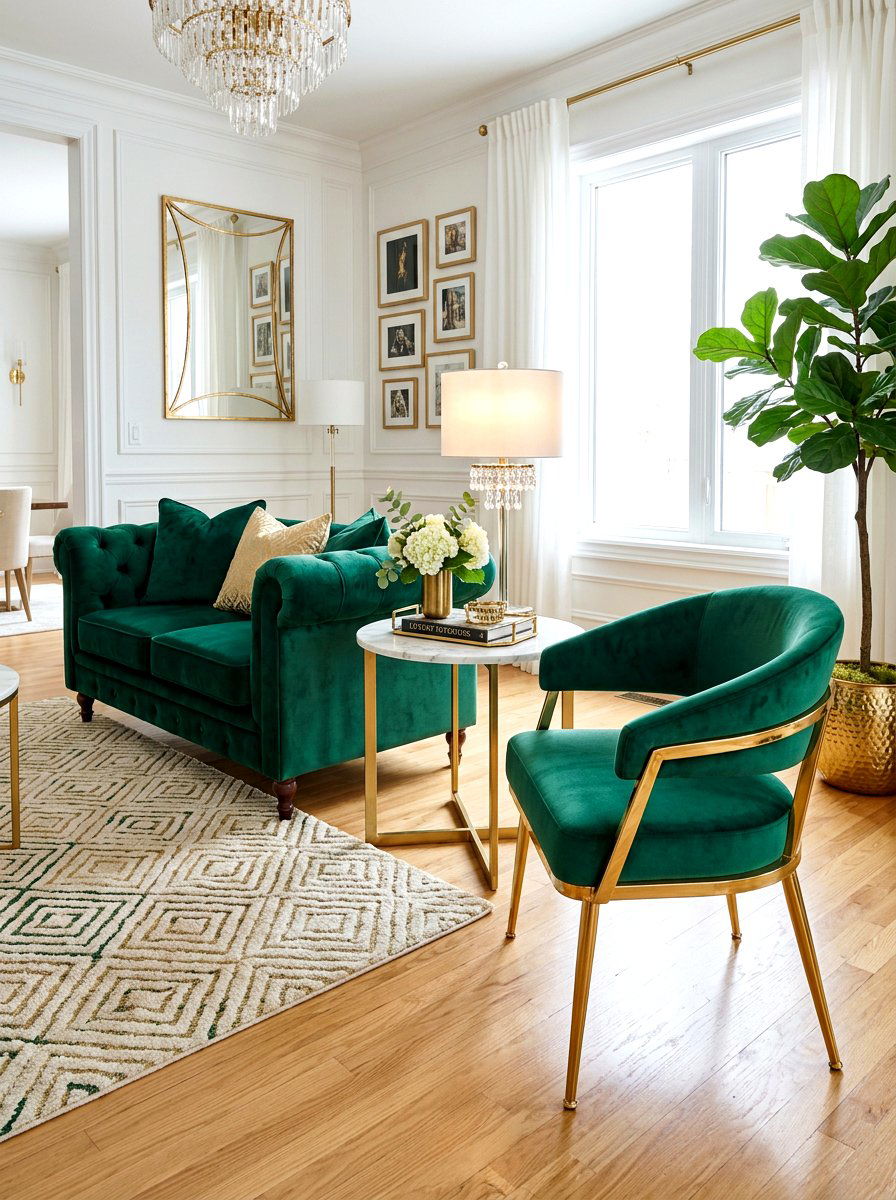 Velvet Loveseat and Gold Accent Chair - 30 loveseat and chair layout ideas