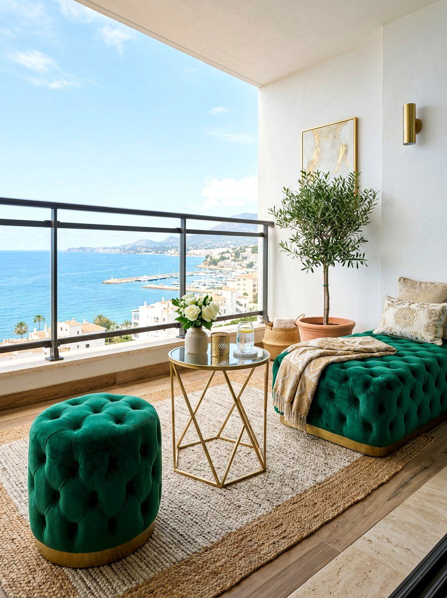 Velvet Ottoman Balcony Nook - 30 balcony seating nook ideas