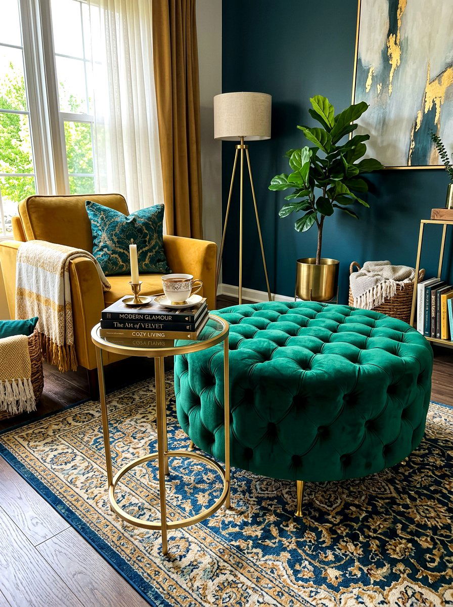 Velvet Ottoman Relaxation Corner - 30 quiet corner decor ideas