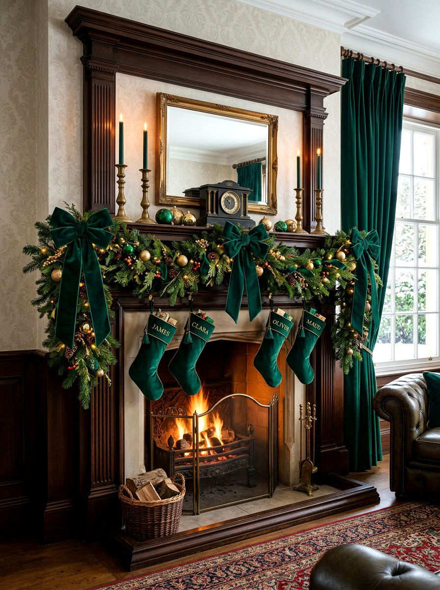Velvet Ribbon Mantel - 30 winter mantel decor ideas