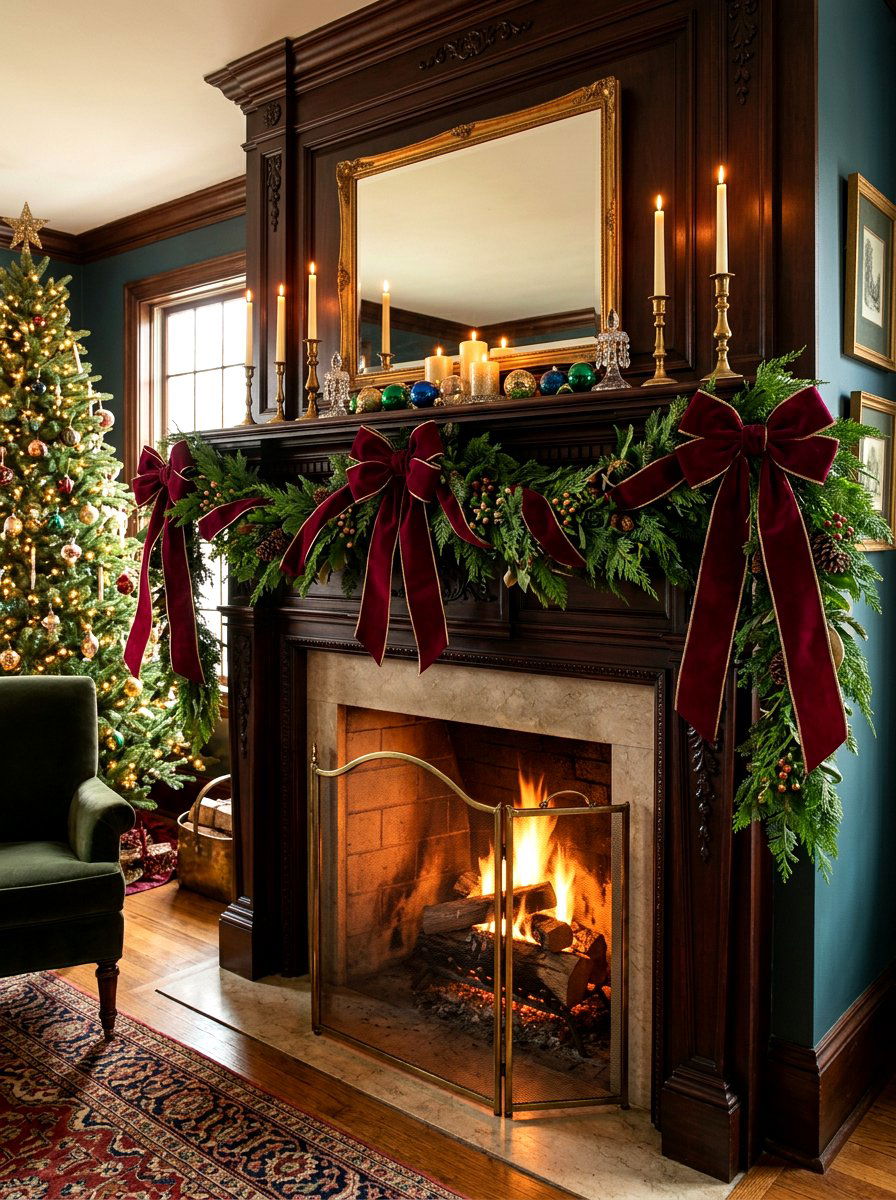 Velvet Ribbon Mantel - 30 holiday mantel garland ideas