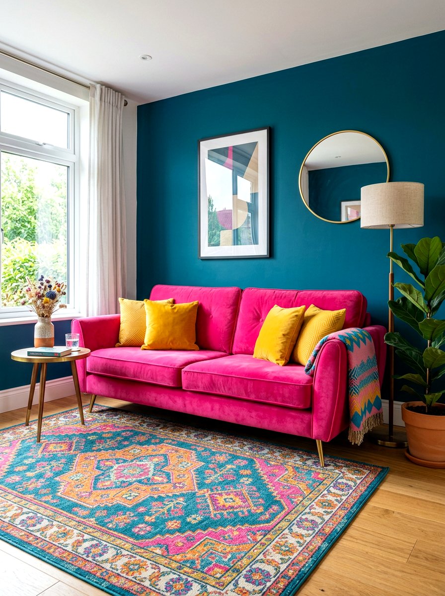 Velvet Sofa Color Clashing - 30 playful maximalist living room ideas