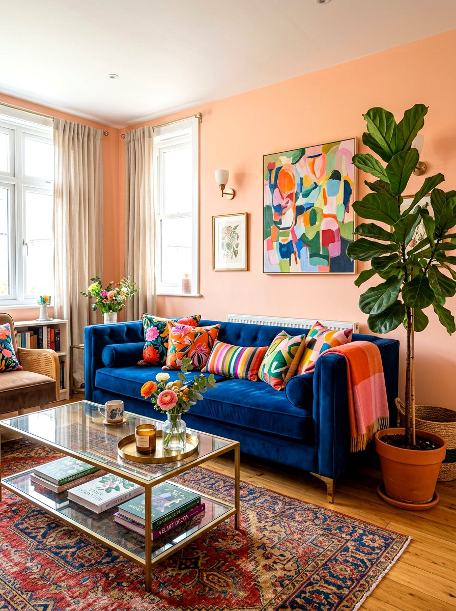 Velvet Sofa Living Area - 30 playful maximalist decor ideas