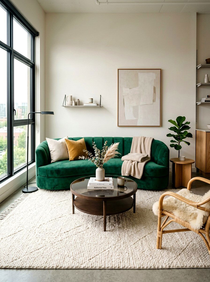 Velvet Sofa Living Zone - 30 editorial studio apartment ideas