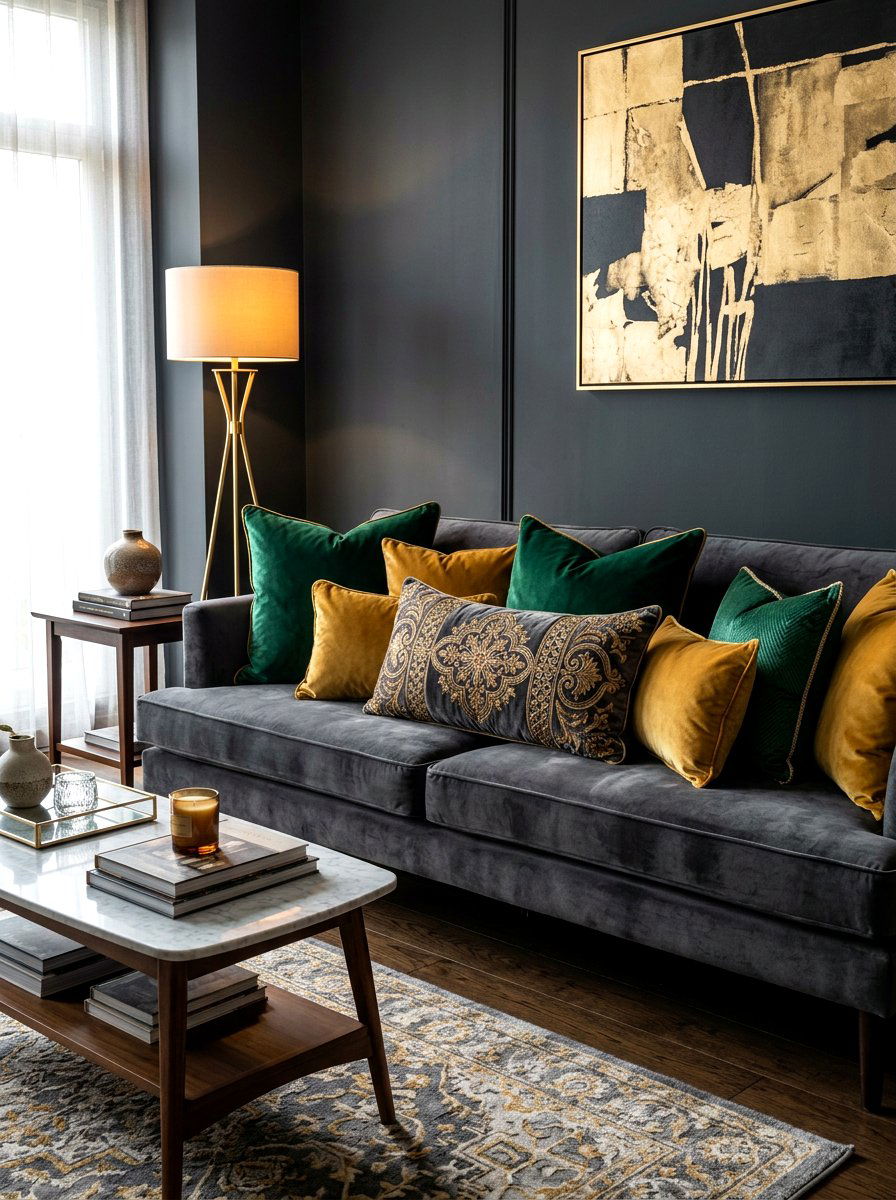 Velvet Sofa Pillow Layering - 30 layered throw pillow ideas