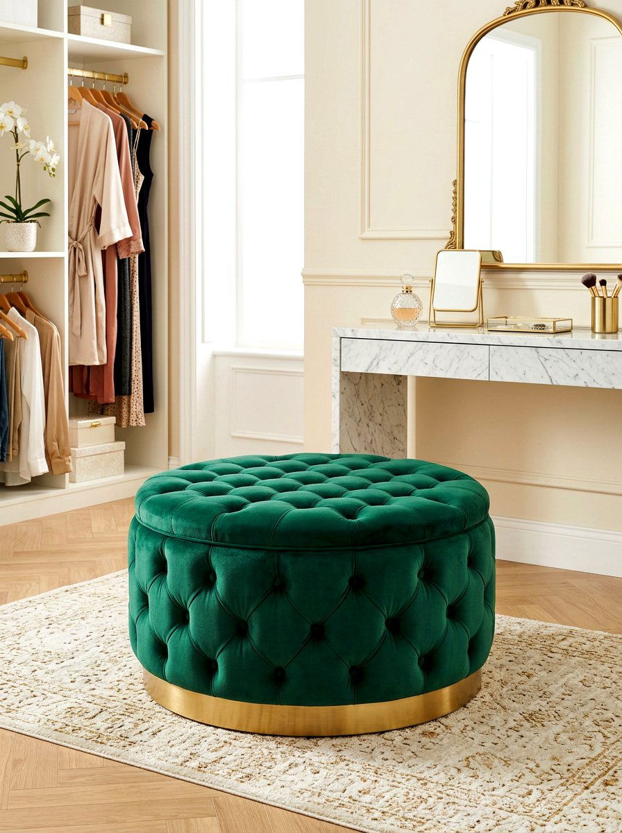 Velvet Storage Ottoman With Gold Base - 30 hidden ottoman storage ideas