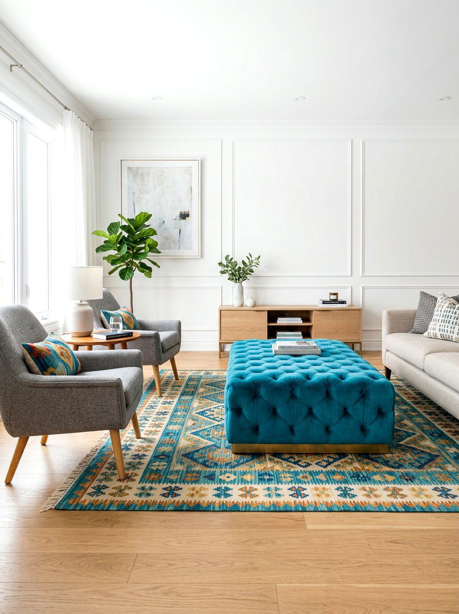 Velvet Teal Ottoman Pop Color - 30 oversized ottoman living room ideas