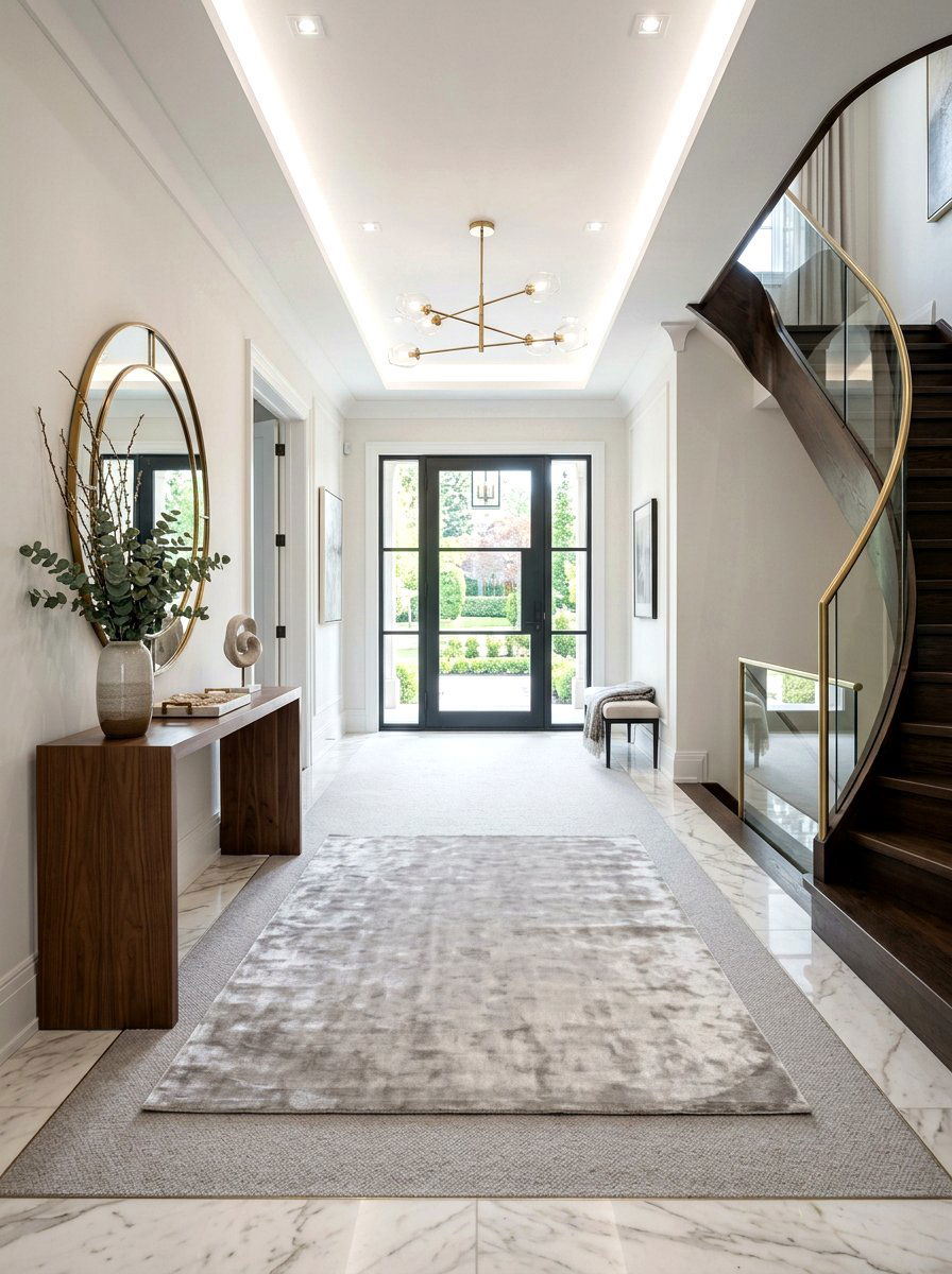 Velvet Texture Layered Entryway Look - 30 entrance rug layering ideas