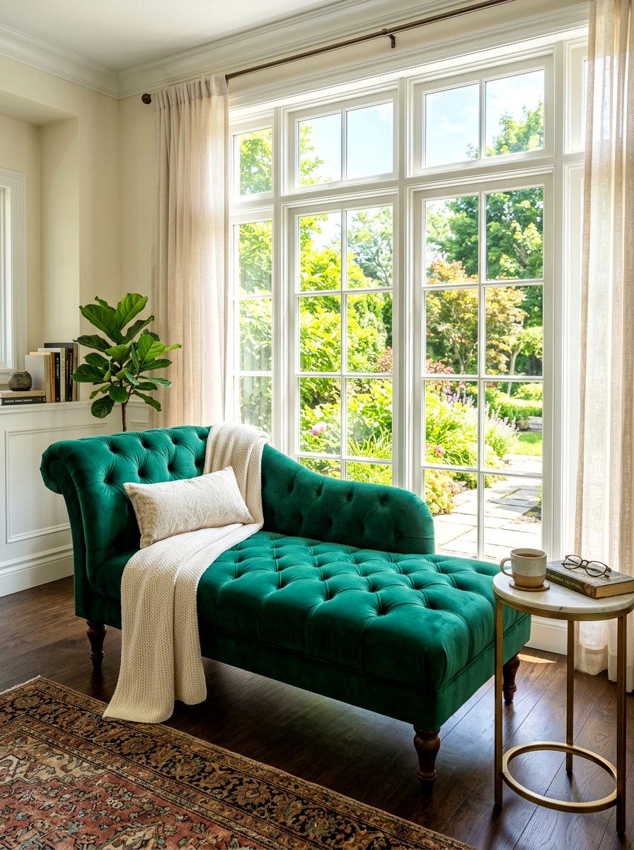Velvet Tufted Chaise Lounge - 30 antique bedroom decor ideas
