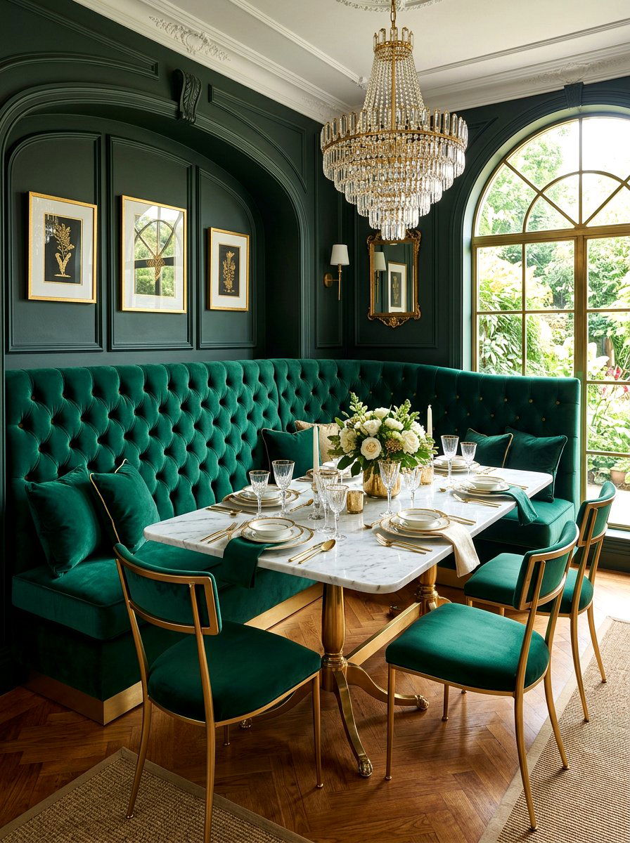 Velvet Upholstered Banquette - 30 banquette dining room aesthetic ideas