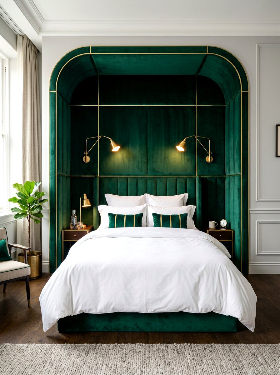 Velvet Upholstered Bed Nook - 30 studio sleeping nook ideas