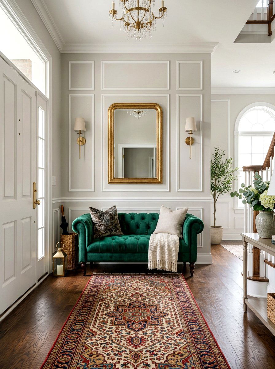 Velvet Upholstered Bench - 30 old money foyer ideas