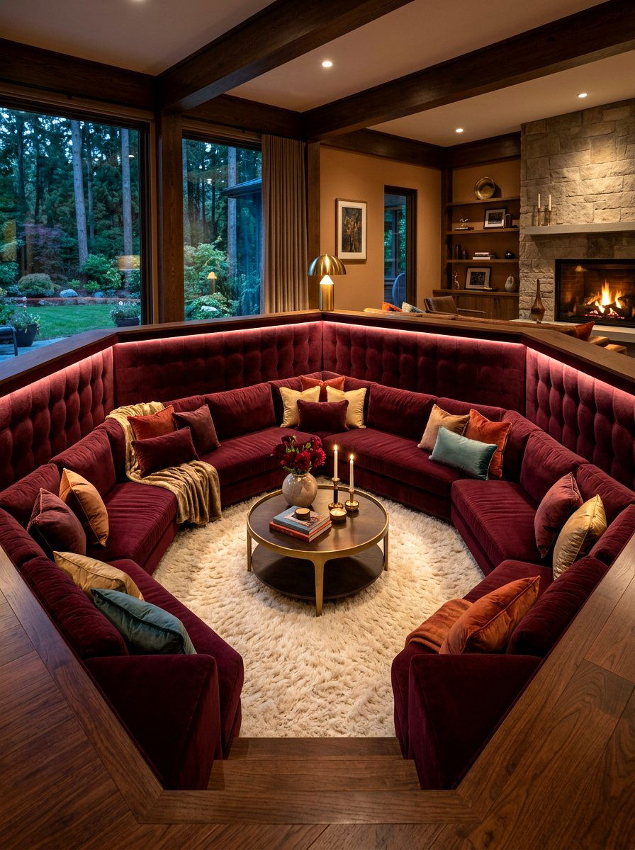 Velvet Upholstered Conversation Pit - 30 step down living room ideas