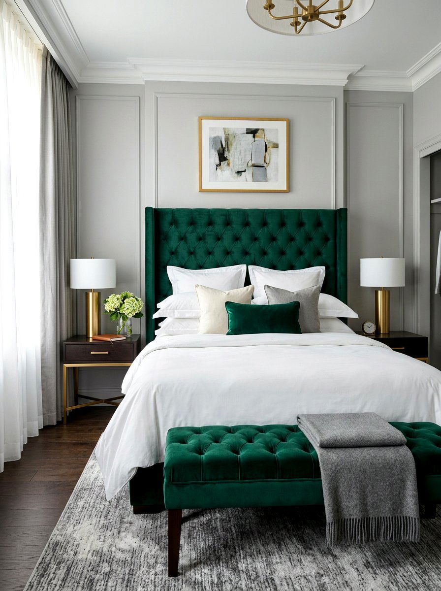 Velvet Upholstered Headboard - 30 romantic hotel bedroom ideas