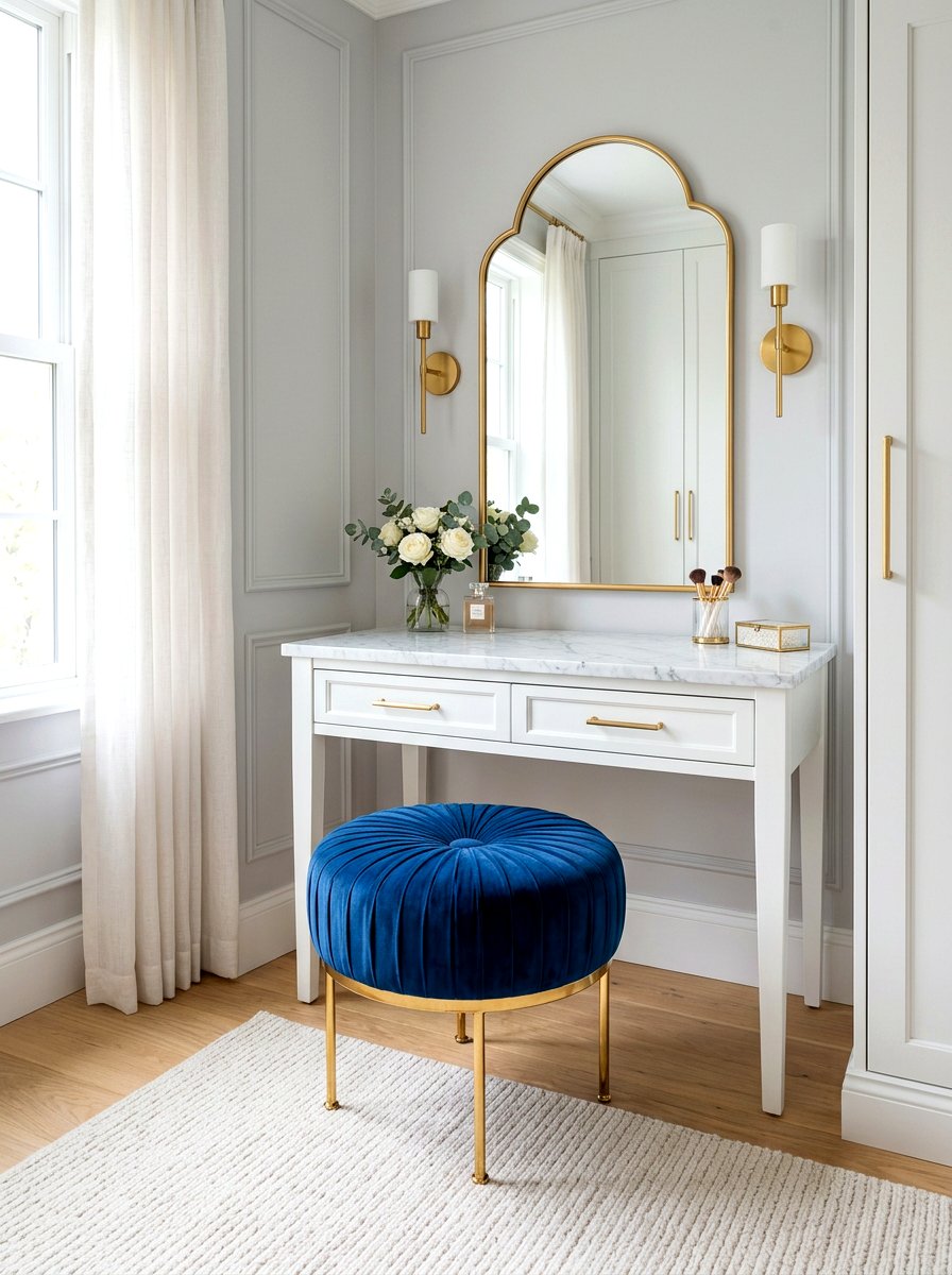 Velvet Upholstered Vanity Stool - 30 art deco bathroom ideas
