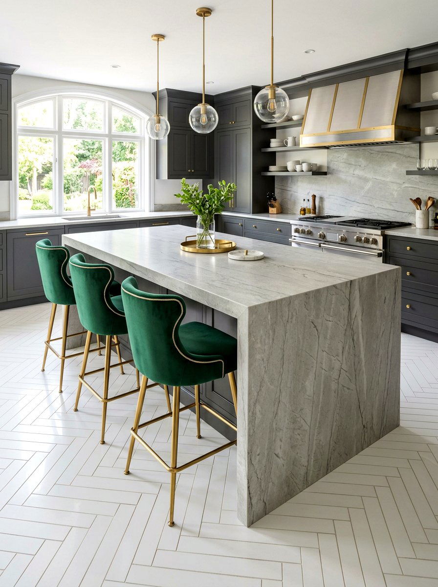 Velvet Upholstered Waterfall Island Seating - 30 waterfall island seating ideas