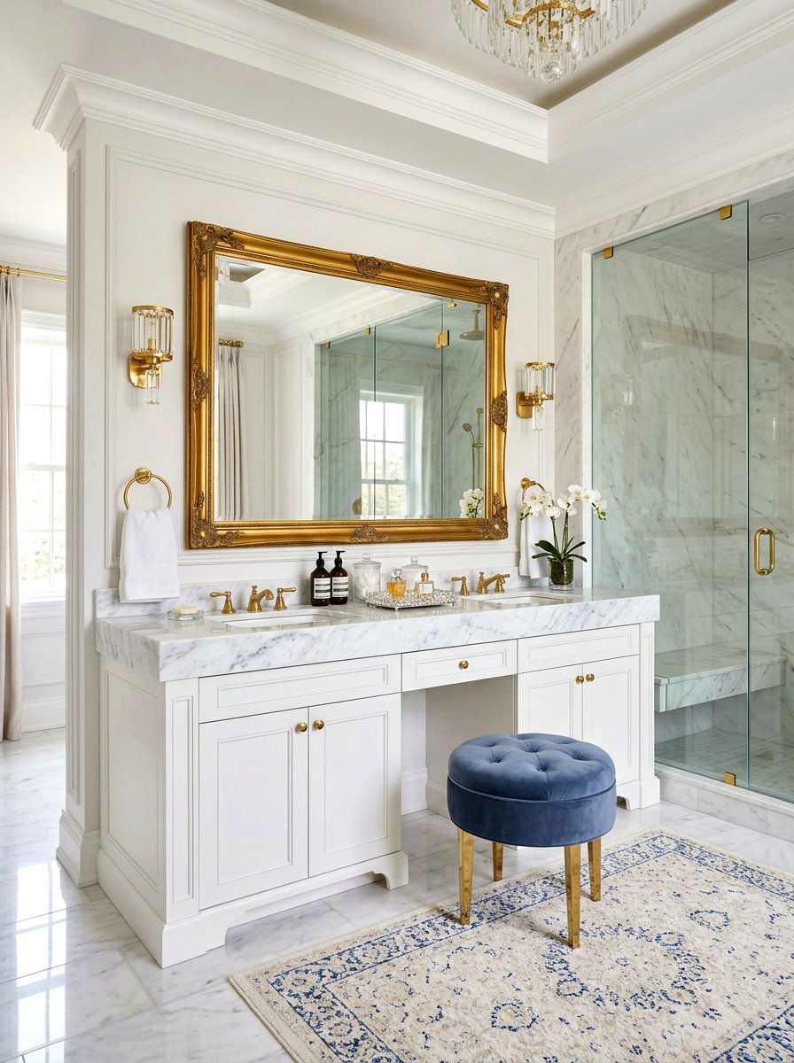 Velvet Vanity Stool - 30 Parisian bathroom ideas