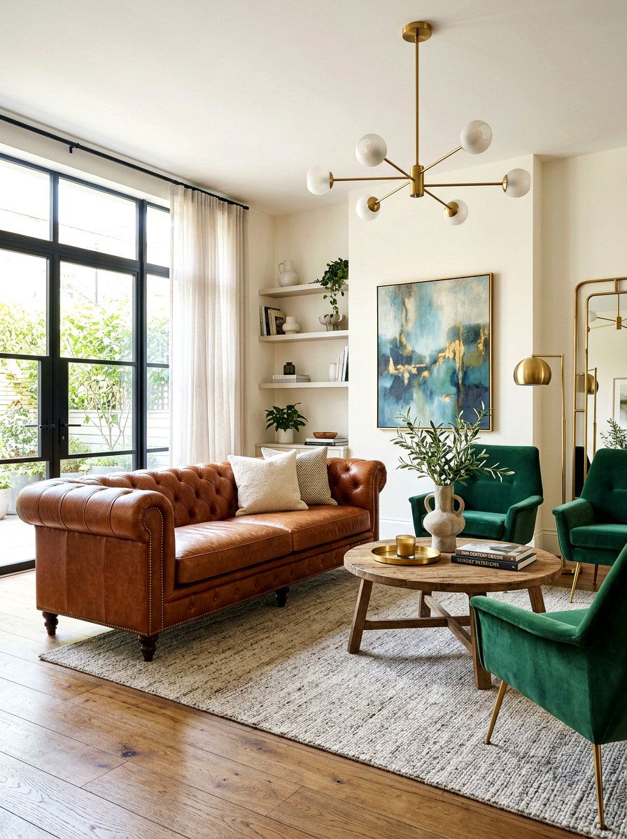 Velvet and leather furniture mix - 30 modern eclectic living room ideas