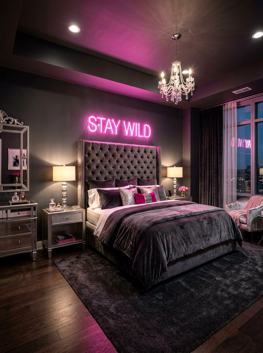 Velvet and neon palette bedroom - 30 futuristic glam bedroom ideas