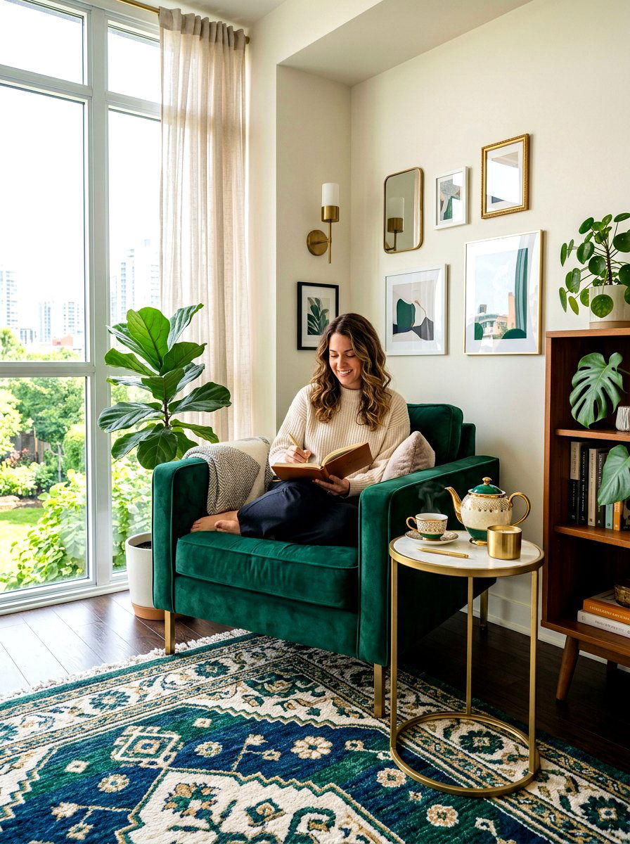 Velvet armchair journaling nook - 30 tea and journaling corner ideas
