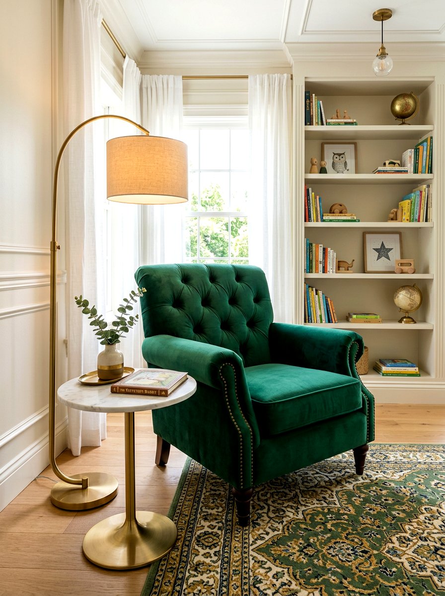 Velvet armchair nursery nook - 30 nursery reading corner ideas aesthetic