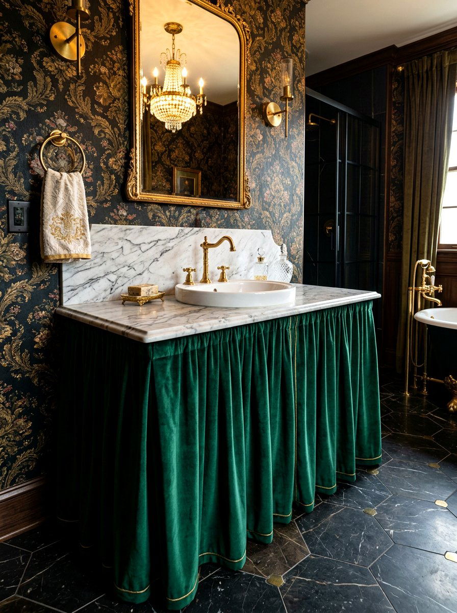 Velvet bathroom sink skirt - 30 skirted sink ideas