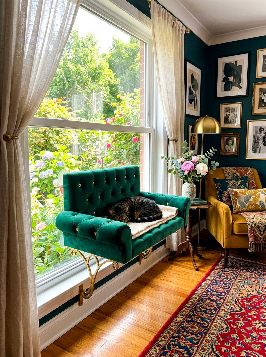 Velvet cat window lounge - 30 cat window perch ideas