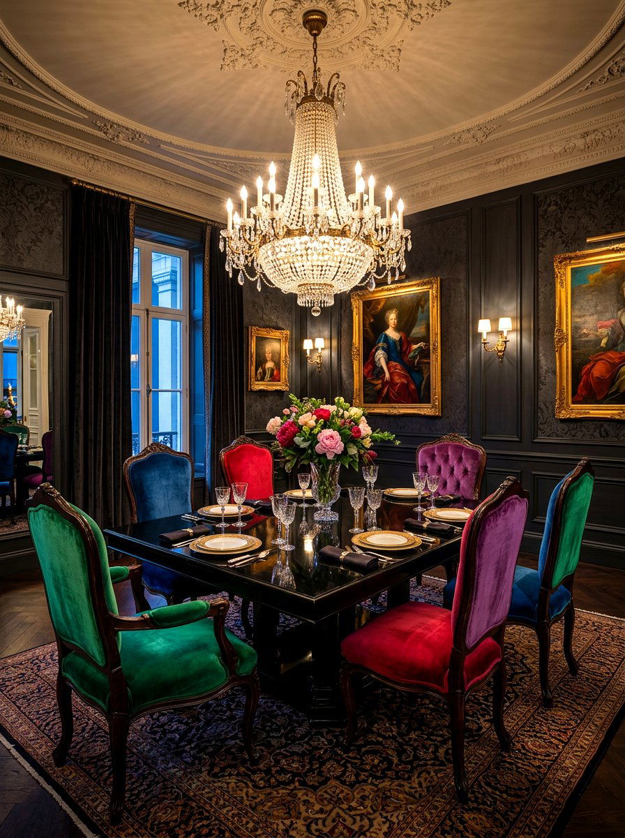 Velvet chair mix - 30 mismatched dining chair ideas