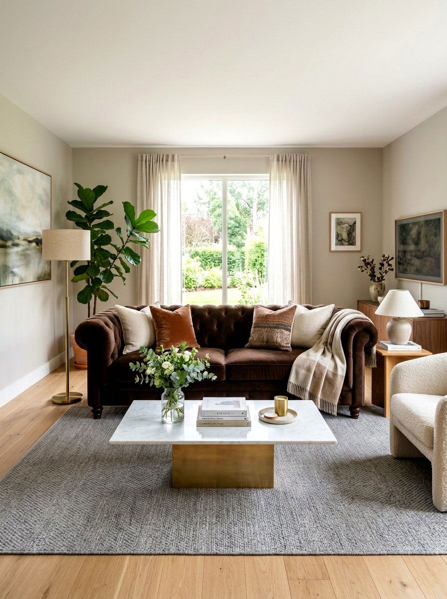 Velvet chocolate sofa living room - 30 brown living room ideas