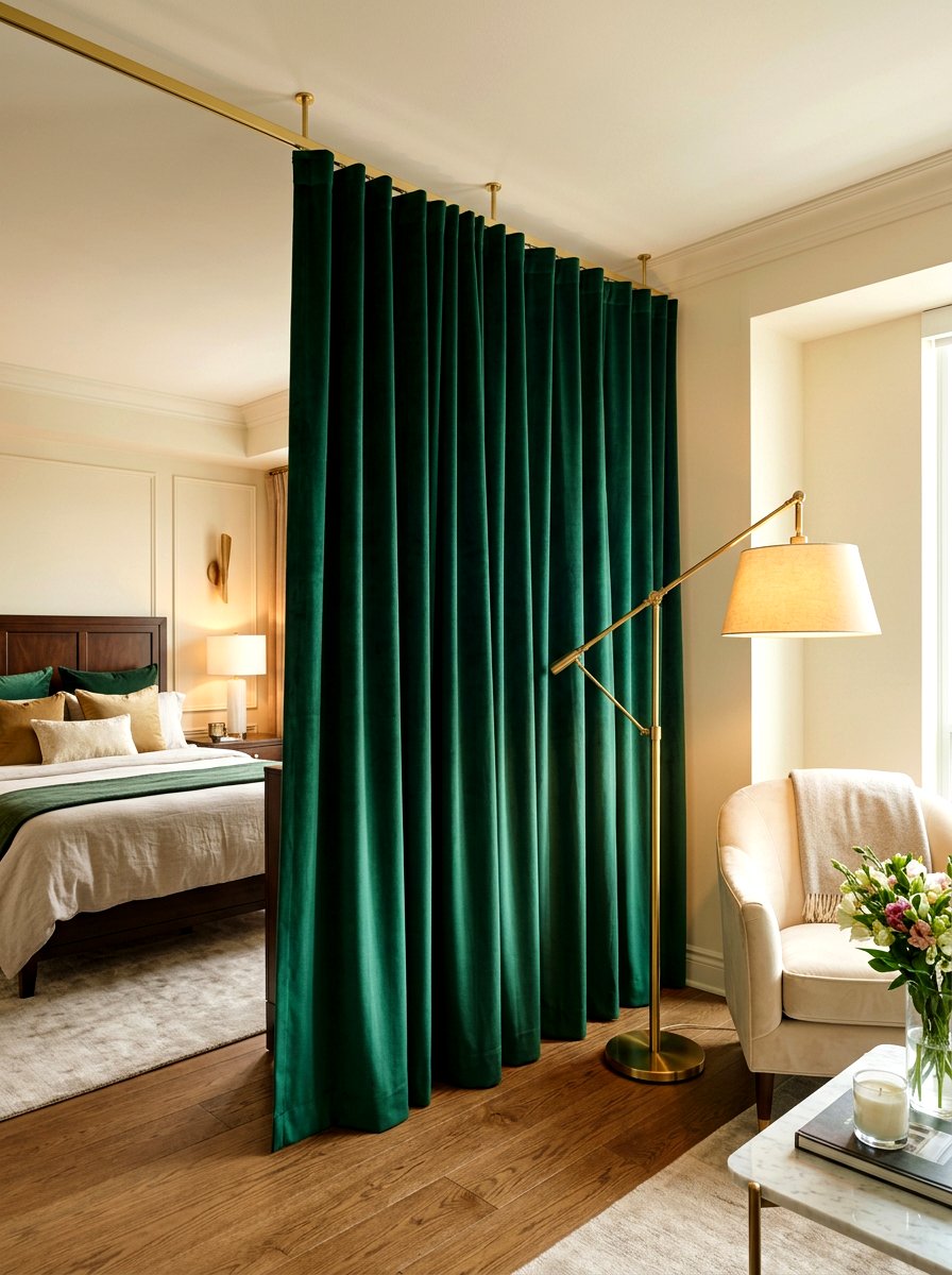 Velvet curtain divider - 30 partial divider studio ideas
