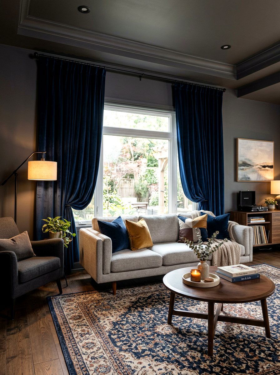 Velvet curtain living room - 30 moody fall living room ideas