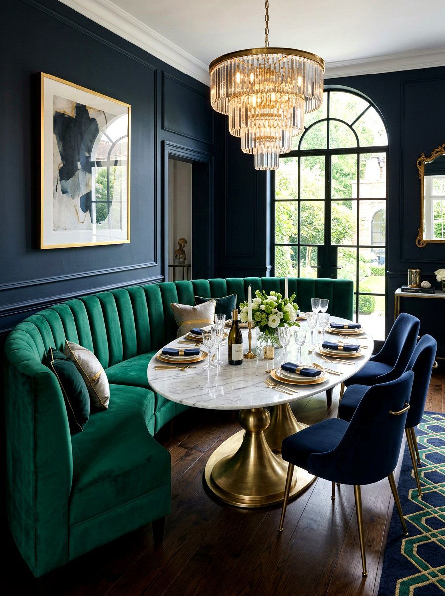 Velvet curved dining bench - 30 curved banquette ideas