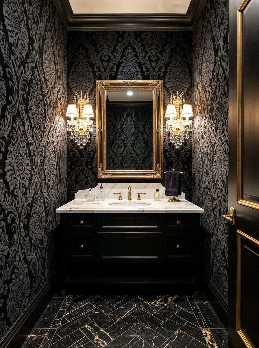 Velvet flock wallpaper - 30 jewel box powder room wallpaper ideas