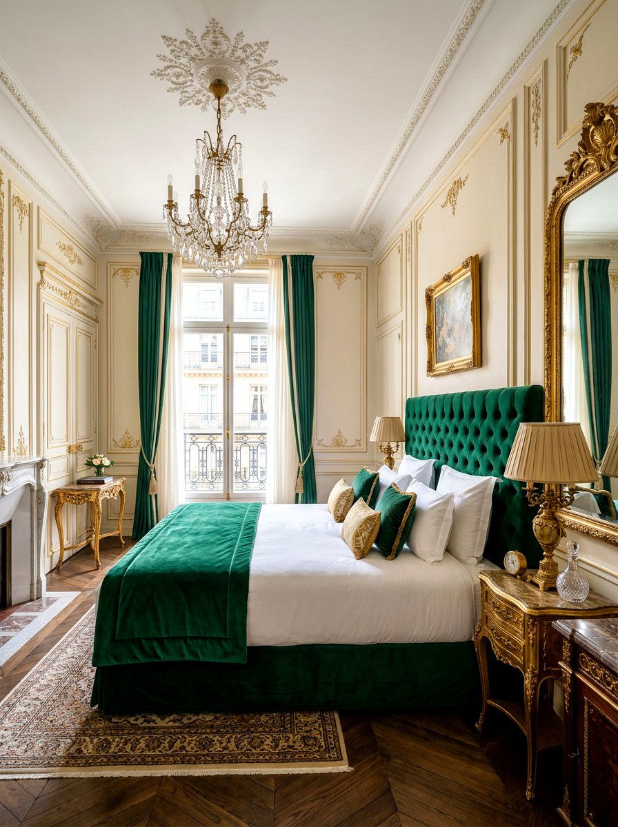 Velvet headboard - 30 Parisian hotel bedroom ideas