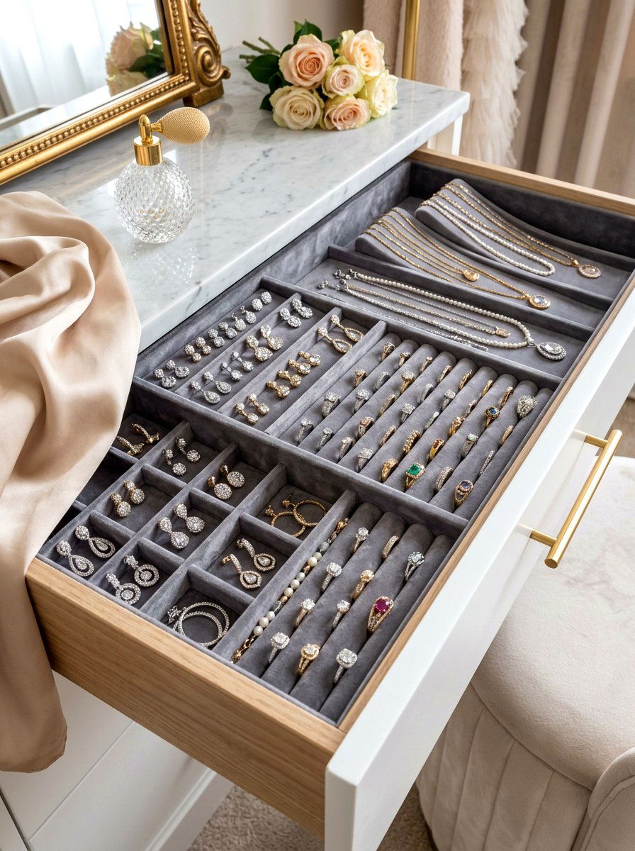Velvet jewelry trays - 30 vanity drawer organization ideas