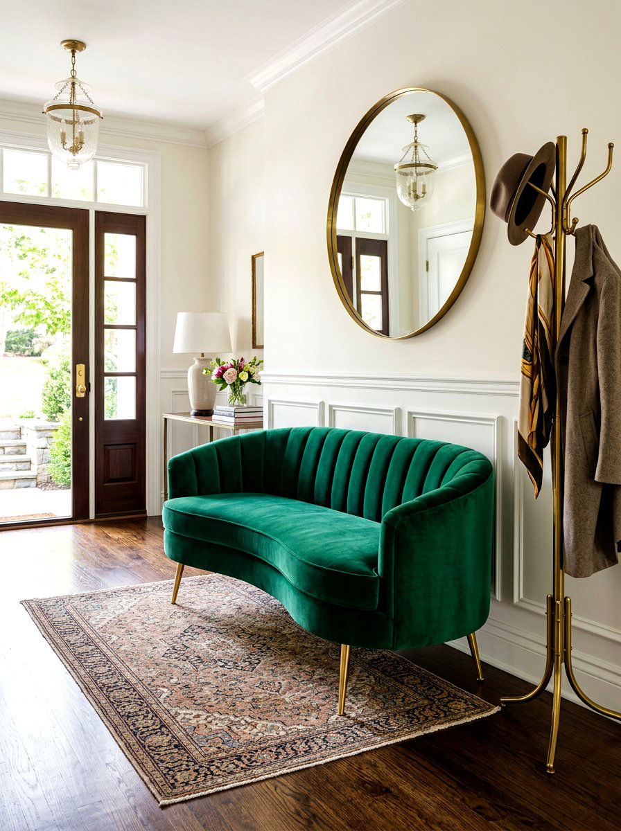 Velvet kidney shaped bench - 30 sculptural entry bench ideas