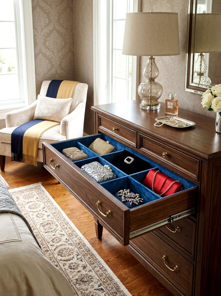 Velvet lined drawer - 30 handbag storage ideas