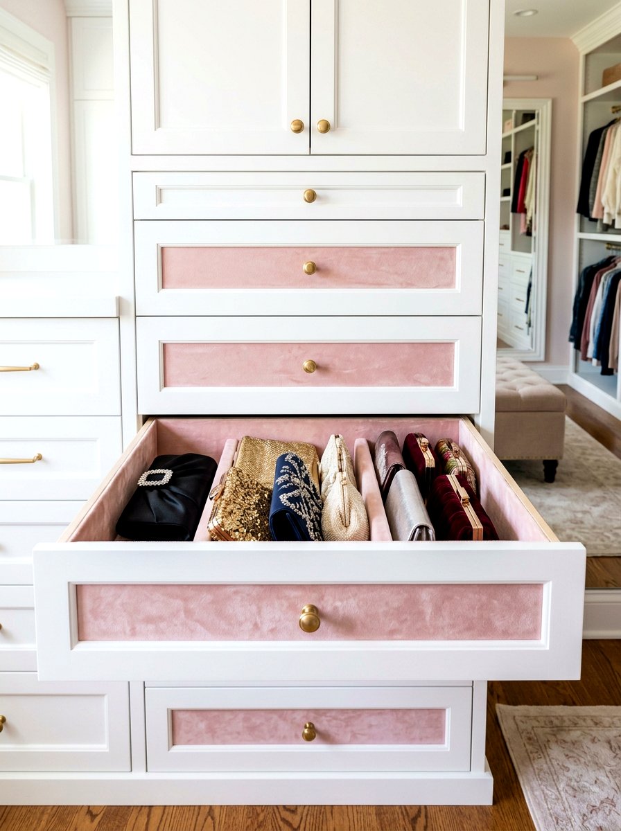 Velvet lined handbag drawers - 30 purse display closet ideas