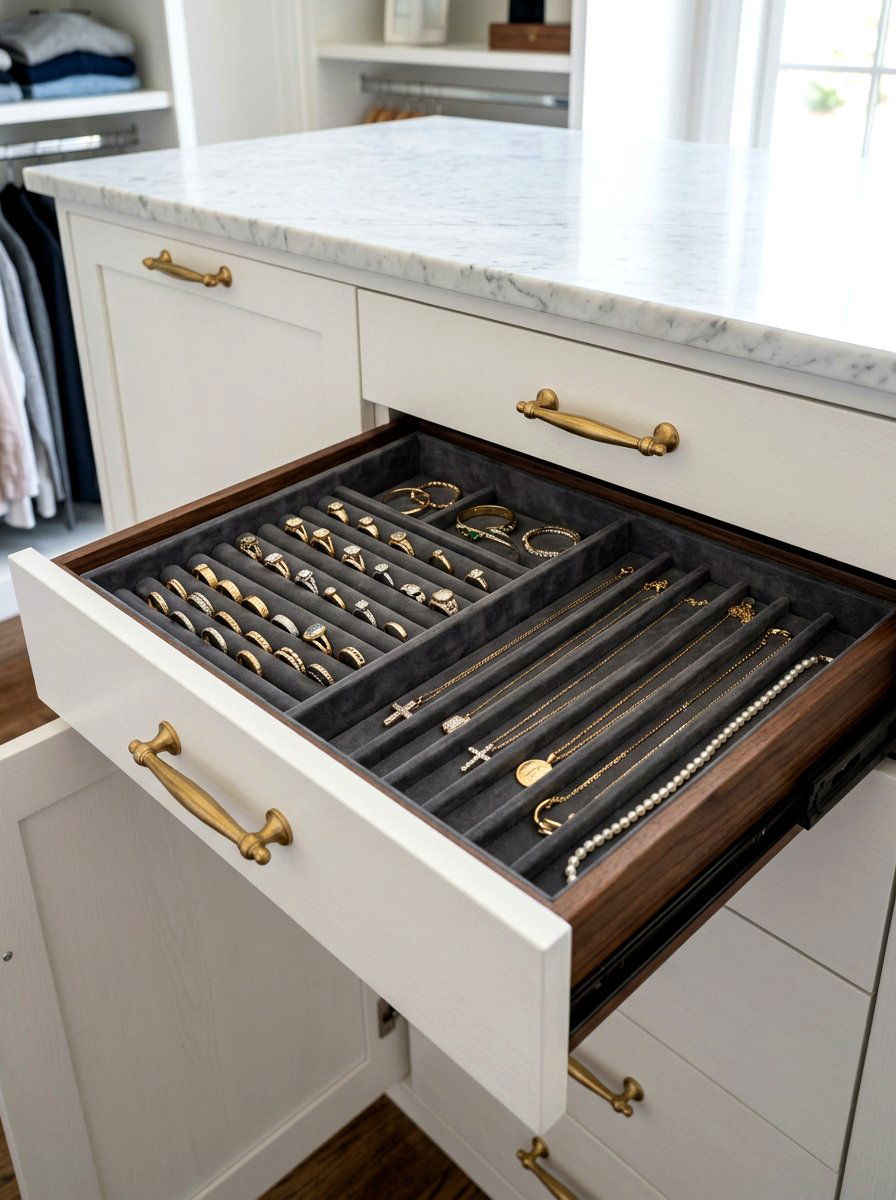 Velvet lined jewelry drawer - 30 glam closet ideas