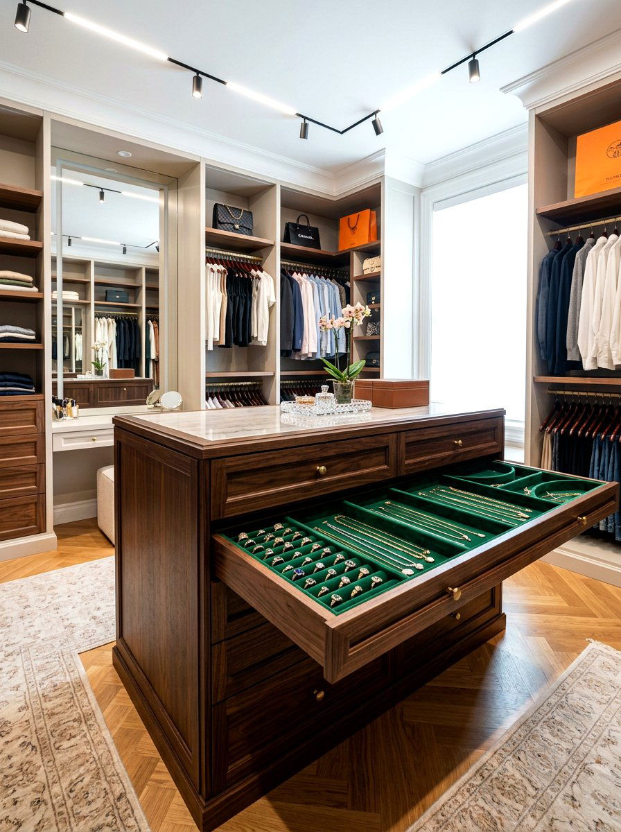 Velvet lined jewelry island - 30 island dresser closet ideas