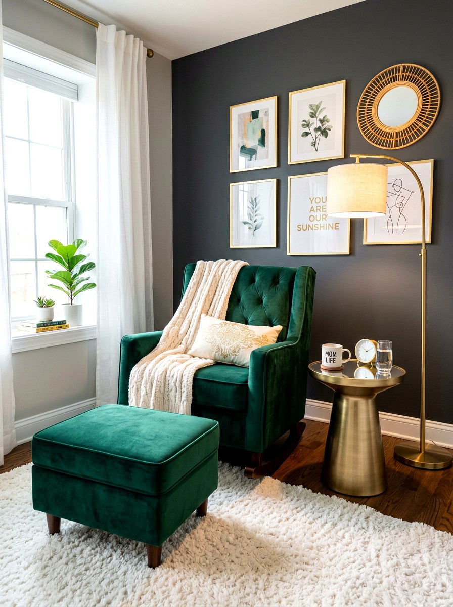 Velvet nursery glider corner - 30 nursery rocking chair corner ideas
