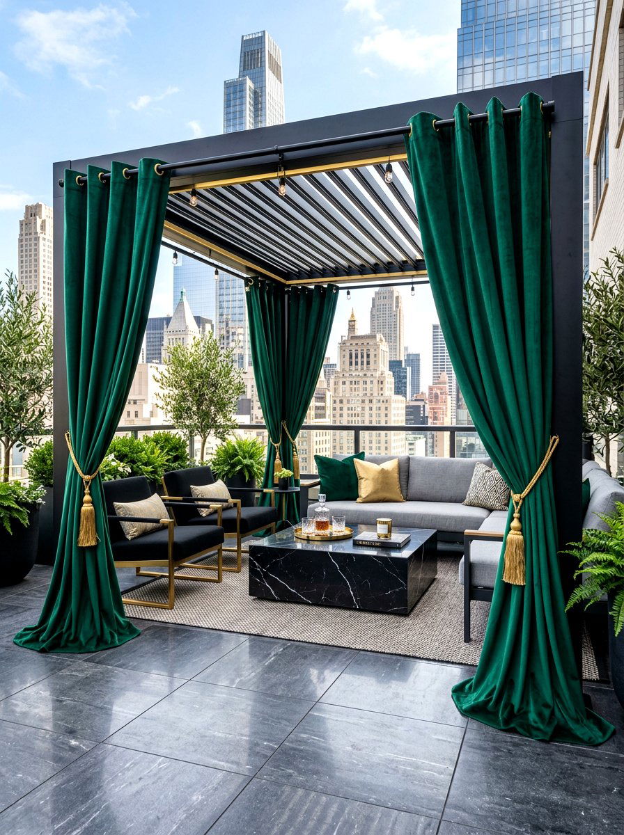Velvet outdoor drapes - 30 pergola curtain ideas