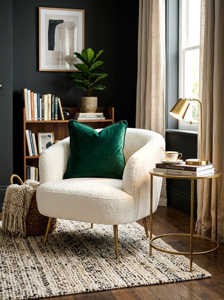 Velvet pillow on boucle chair - 30 boucle chair corner ideas