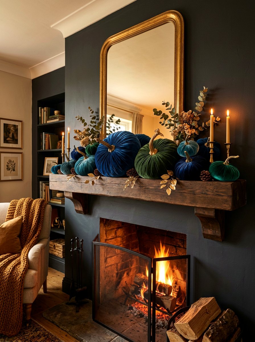 Velvet pumpkin display - 30 moody mantel fall ideas