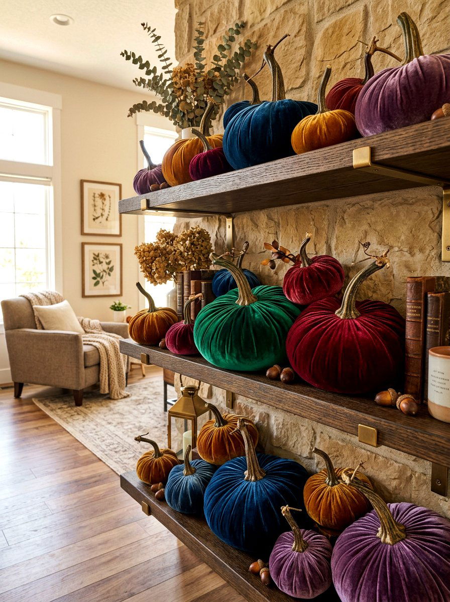 Velvet pumpkin shelf - 30 fall kitchen shelf decor ideas