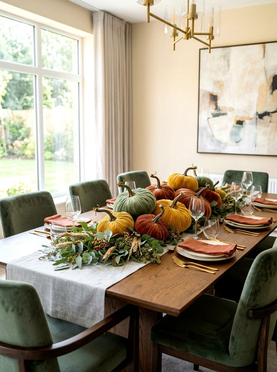 Velvet pumpkin table decor - 30 Thanksgiving brunch table ideas