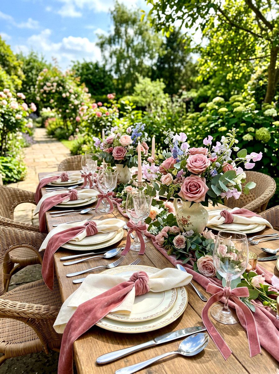 Velvet ribbon table accent - 30 garden baby shower table ideas
